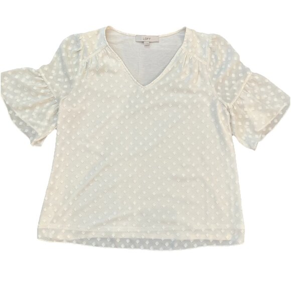 LOFT Women’s Diamond Textured Ruffle Sleeve Mixed Media Top Size Medium Cream - Picture 1 of 8